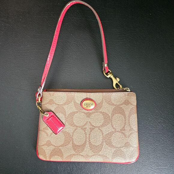 Coach Peyton Signature Brown & Pink Wristlet Gold Logo Card Holder Wallet Pouch - Picture 15 of 15